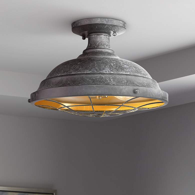 Image 1 Golden Lighting Bartlett 14" Black Patina Semi-Flush Ceiling Light