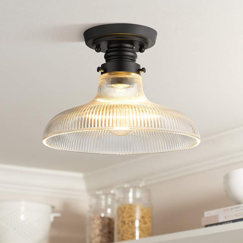 Image 1 Golden Lighting Clary 10" Wide Matte Black Ribbed Glass Ceiling Light