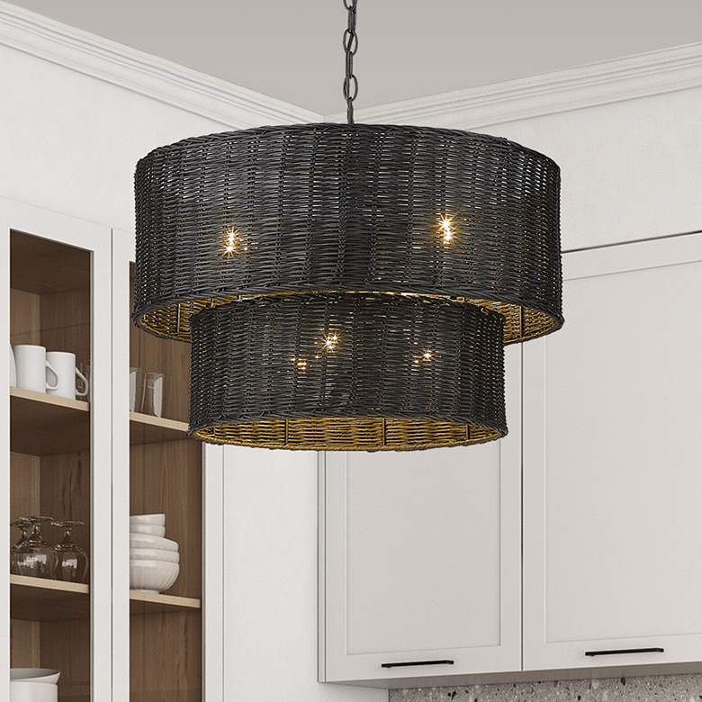 Image 2 Golden Lighting Erma 22 3/8" Matte Black Wicker Drum Chandelier