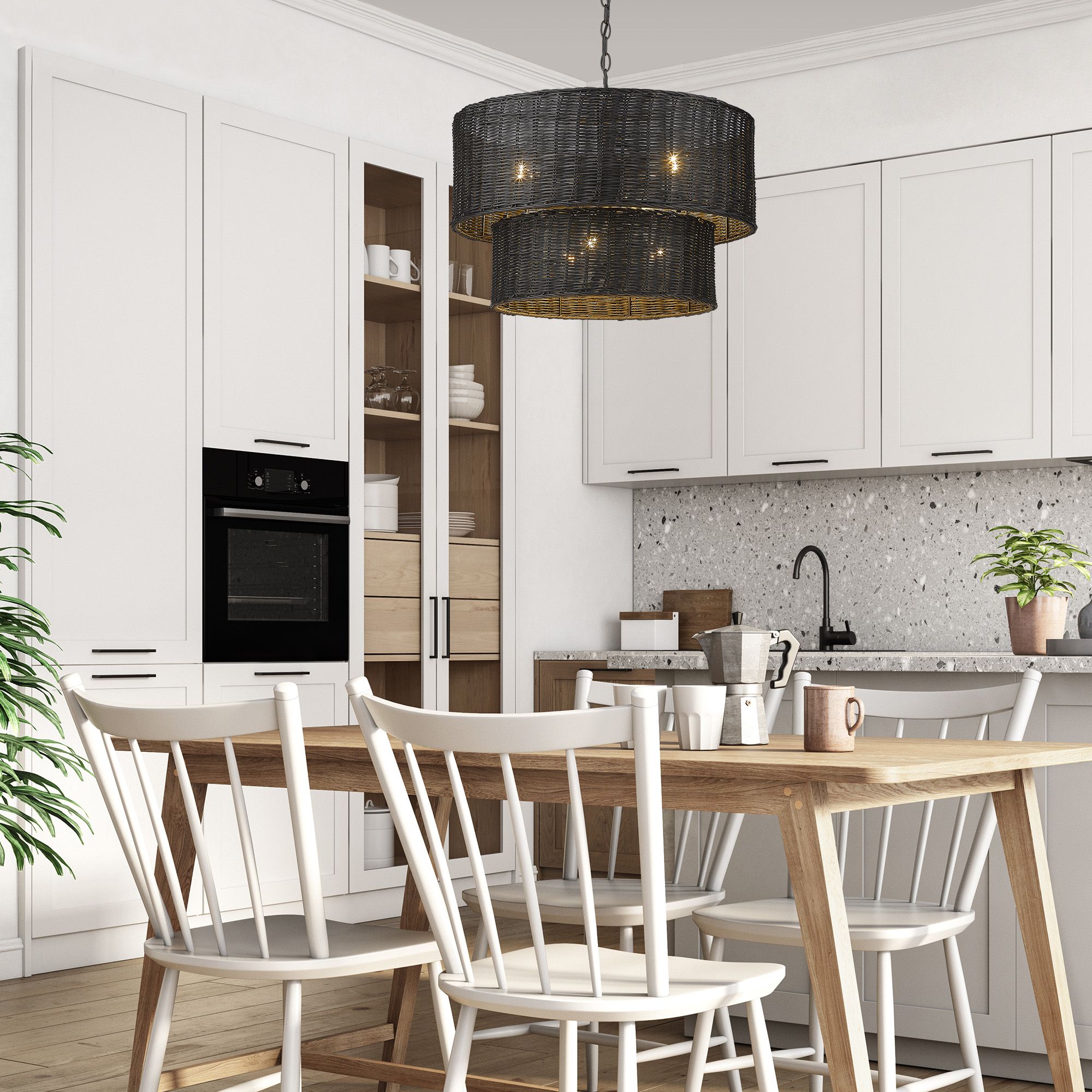 Golden Lighting Erma 22 3/8" Matte Black Wicker Drum Chandelier in scene