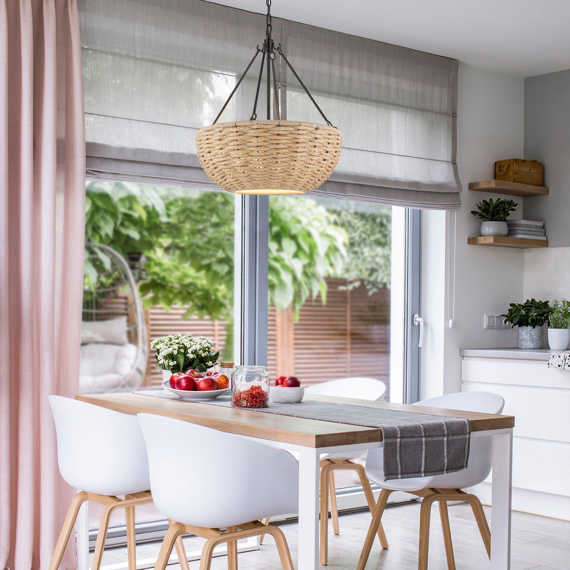 Golden Lighting Hathaway 20 1/4" Matte Black and Rope Basket Pendant