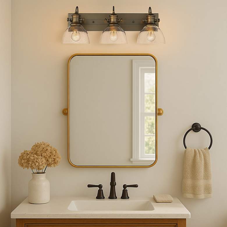 Image 6 Golden Lighting Hines 25 1/4" Bronze Seeded Glass 3-Light Bath Light more views