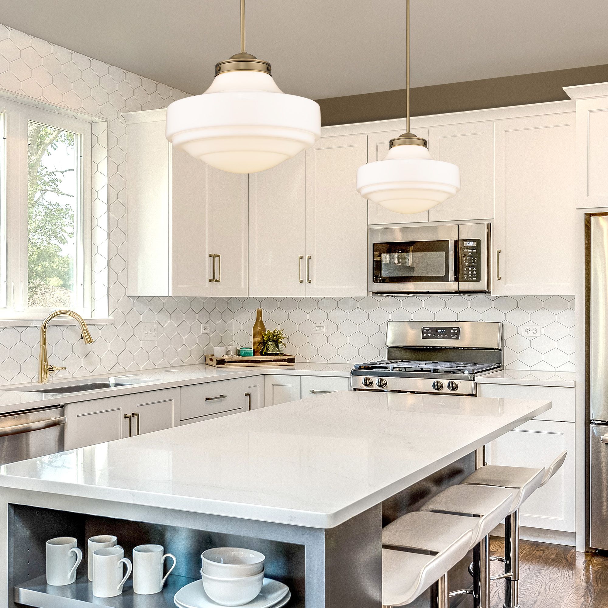 Golden Lighting Ingalls 16" Modern Brass White Glass Pendant Light