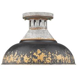 Golden Lighting Kinsley 14" Aged Black Galvanized Steel Ceiling Light