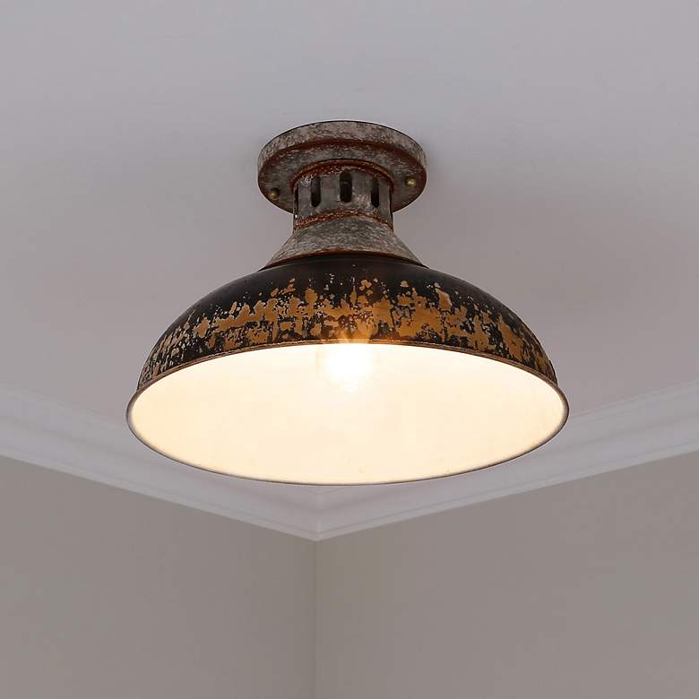 Image 1 Golden Lighting Kinsley 14" Aged Black Galvanized Steel Ceiling Light