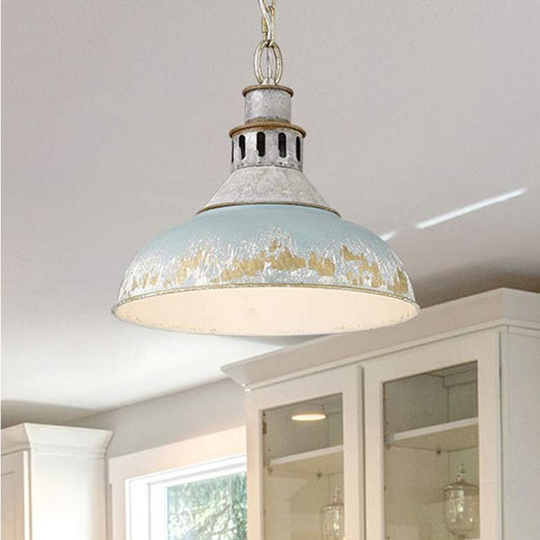 Image 1 Golden Lighting Kinsley 14" Aged Teal Shade Pendant Light