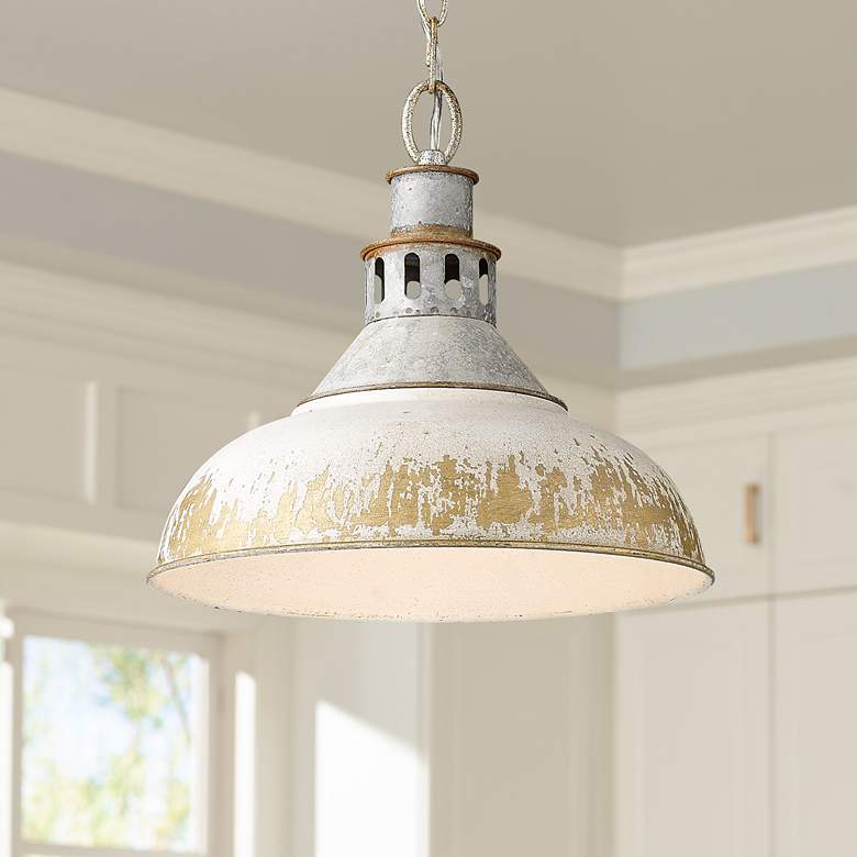 Image 1 Golden Lighting Kinsley 14" Antique Ivory Galvanized Steel Pendant