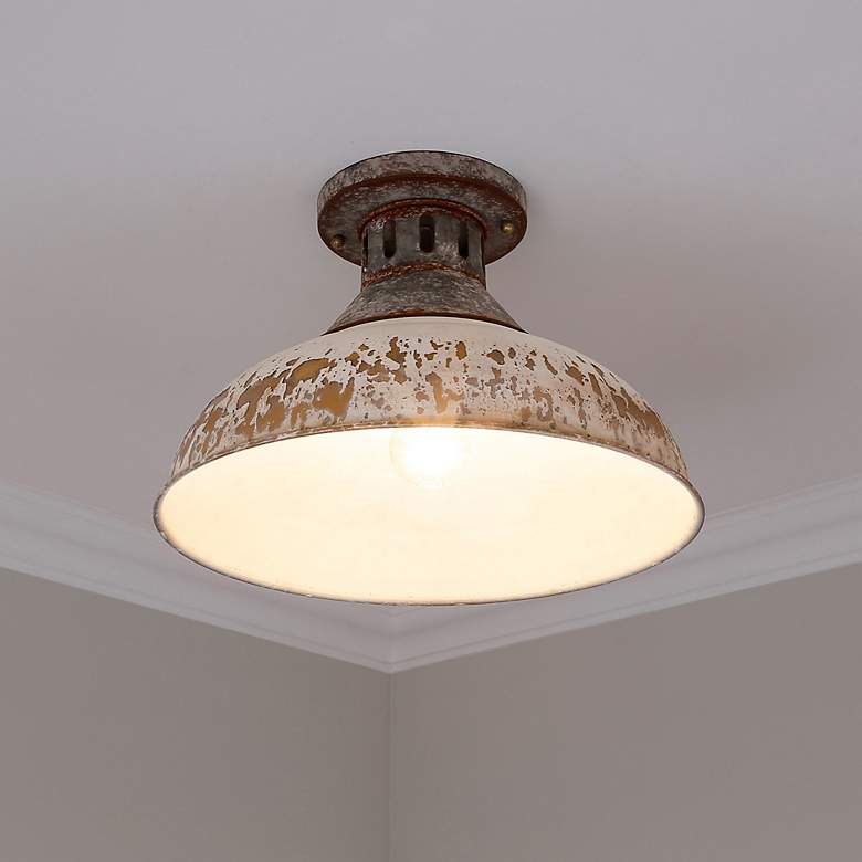 Image 1 Golden Lighting Kinsley 14" Galvanized Antique Ivory Ceiling Light