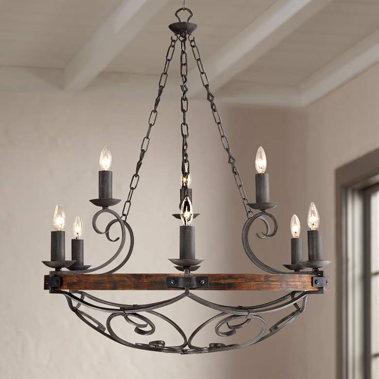 Image 1 Golden Lighting Madera 34 1/2" Wood and Forged Metal Scroll Chandelier