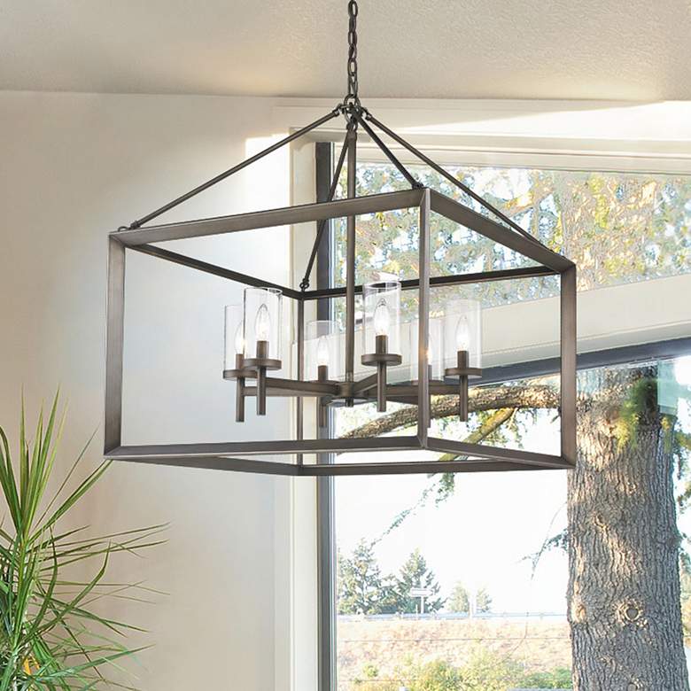 Image 1 Golden Lighting Smyth 26 3/4 inch Bronze Open Cage Rectangular Chandelier