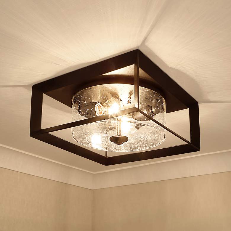 Image 1 Golden Lighting Smyth Black 13 1/4" Seeded Glass Porch Ceiling Light