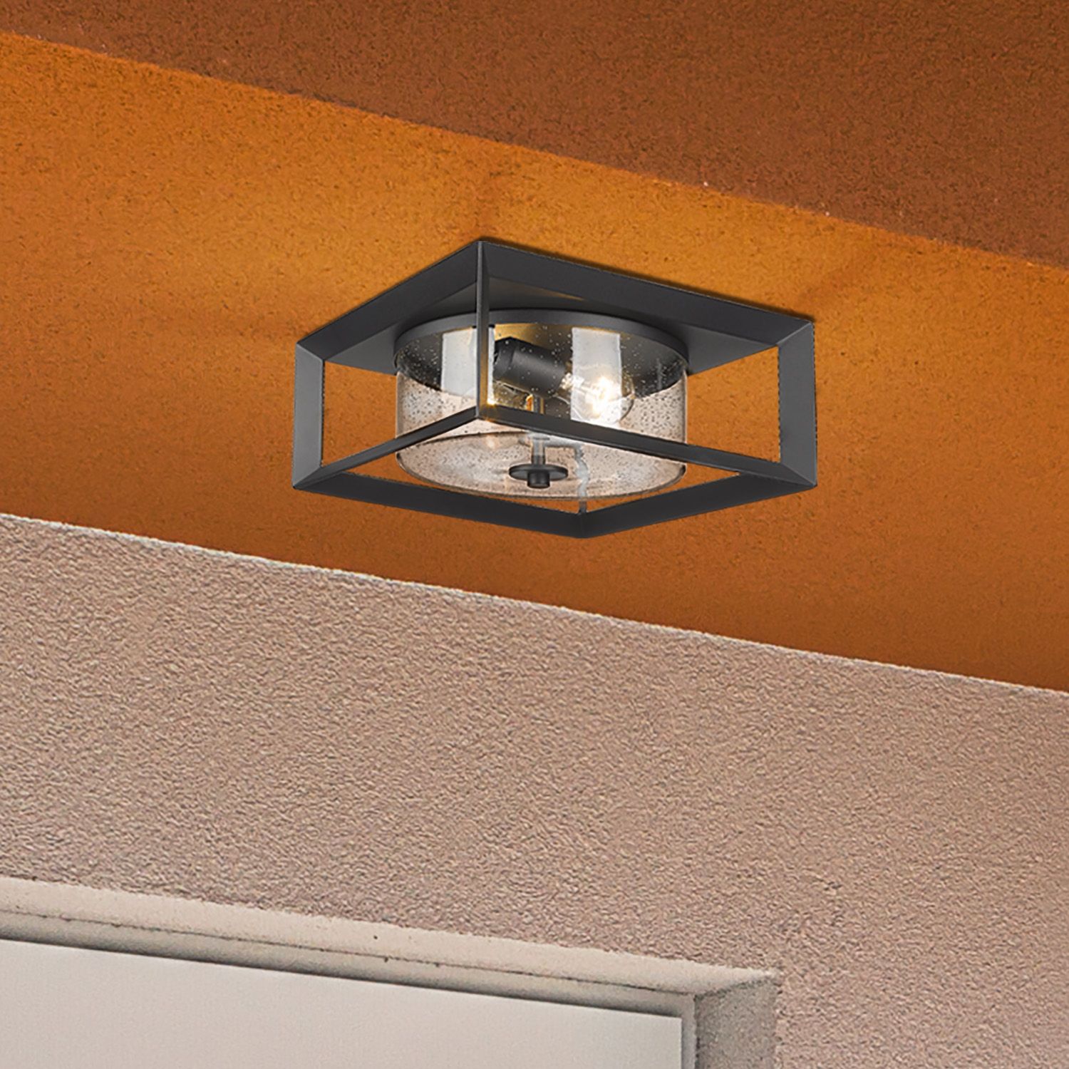 Golden Lighting Smyth Black 13 1/4" Seeded Glass Porch Ceiling Light in scene