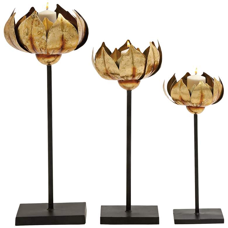 Image 1 Golden Lotus 3-Size Tall Iron Candle Holder 3-Piece Set