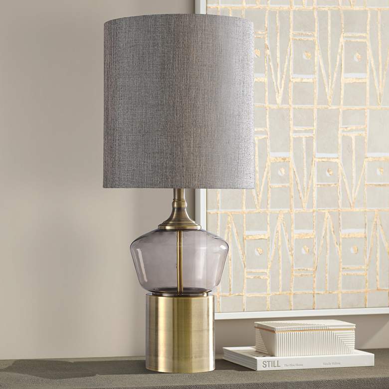 Image 1 Gordon 30 1/2" Gray Smoked Glass and Brass Metal Table Lamp