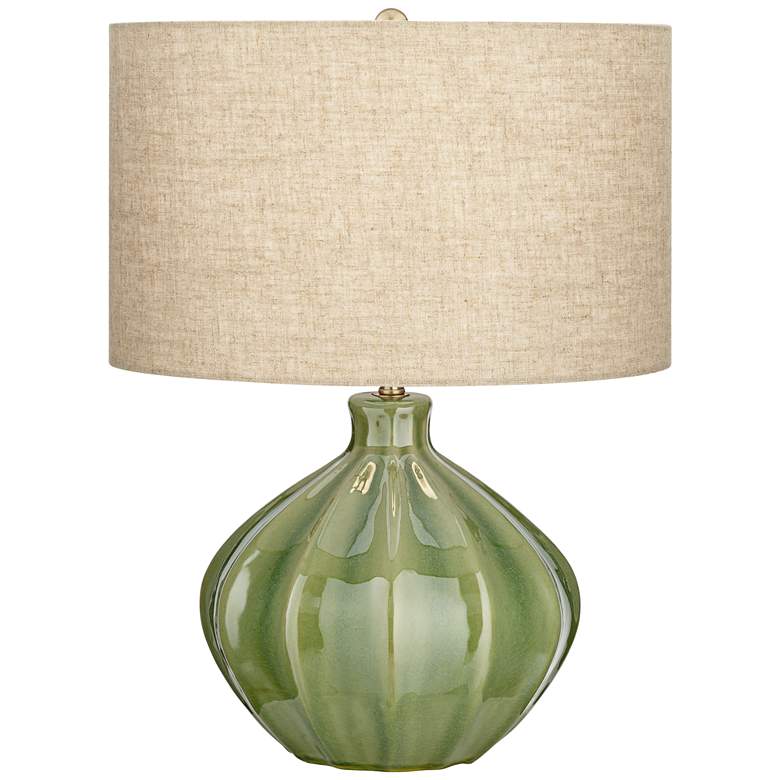 Image 2 Gordy Green Modern Ribbed Ceramic Table Lamp With USB and Dimmer