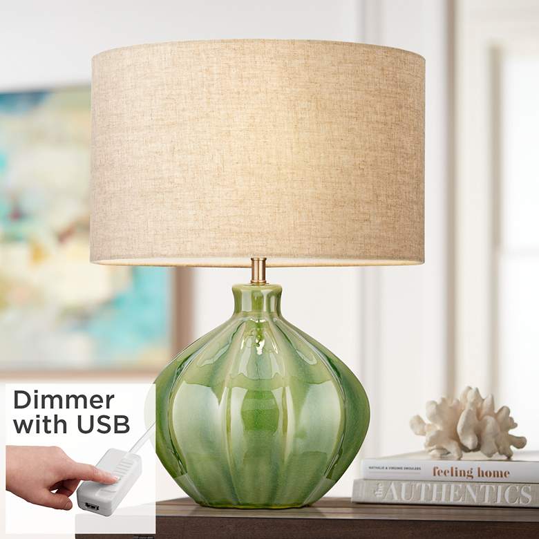 Image 1 Gordy Green Modern Ribbed Ceramic Table Lamp With USB and Dimmer