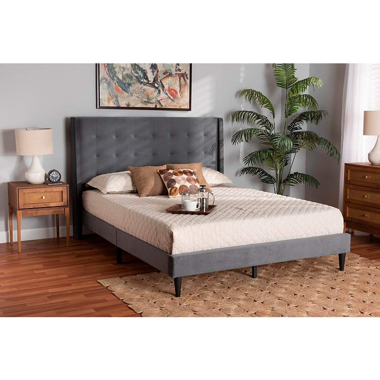 Image 1 Gothard Gray Velvet Fabric Tufted Queen Platform Bed