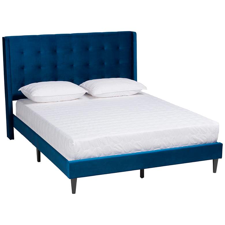 Image 2 Gothard Navy Blue Velvet Fabric Tufted Queen Platform Bed