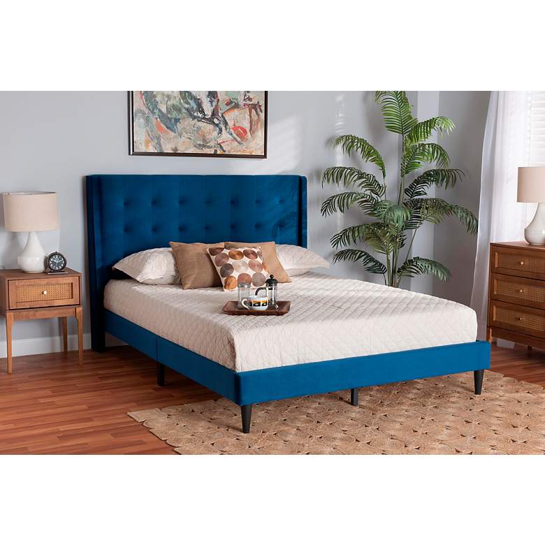 Image 1 Gothard Navy Blue Velvet Fabric Tufted Queen Platform Bed