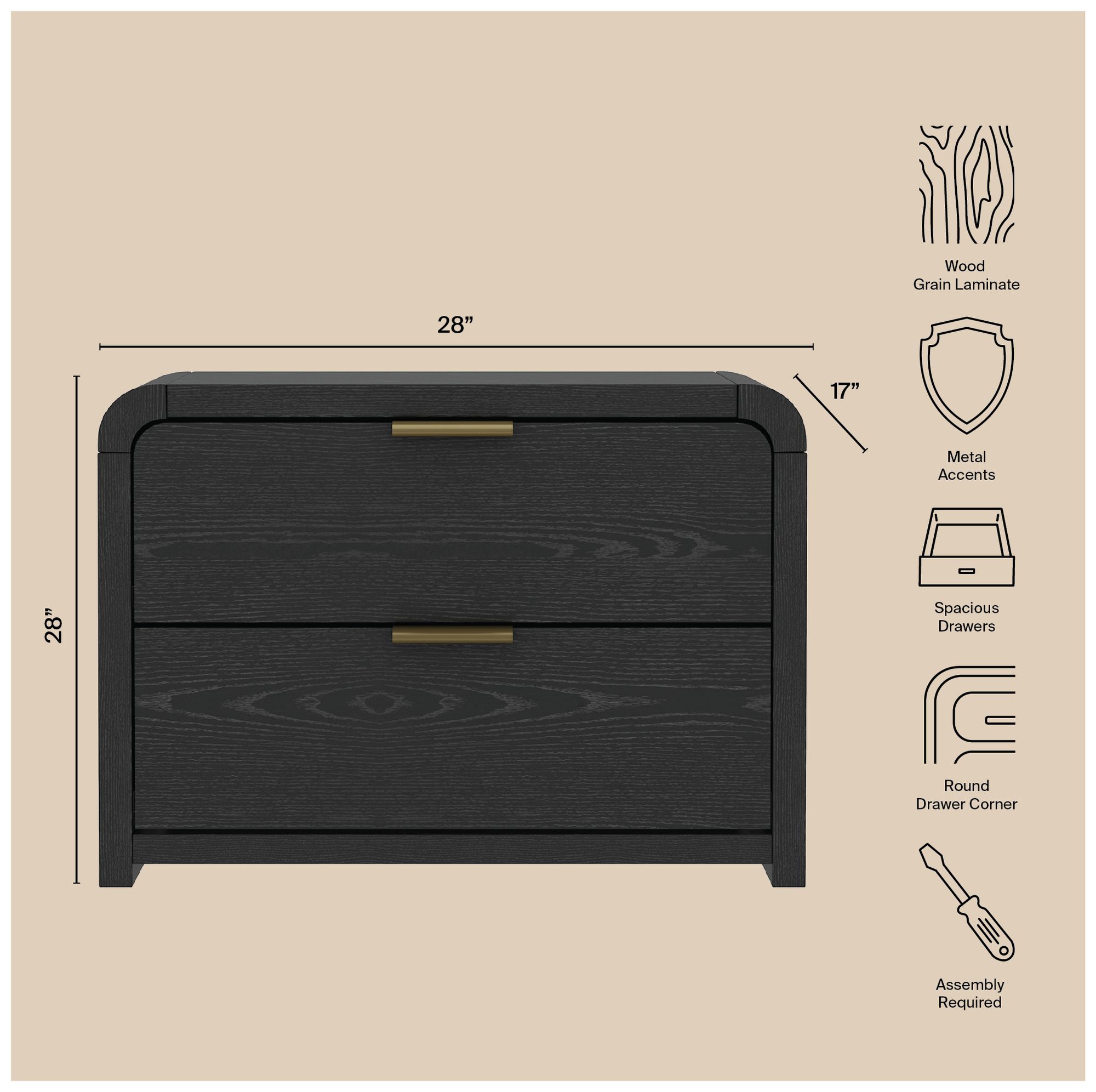Grace Modern 3-Piece Dresser and Nightstand in Black and Gold