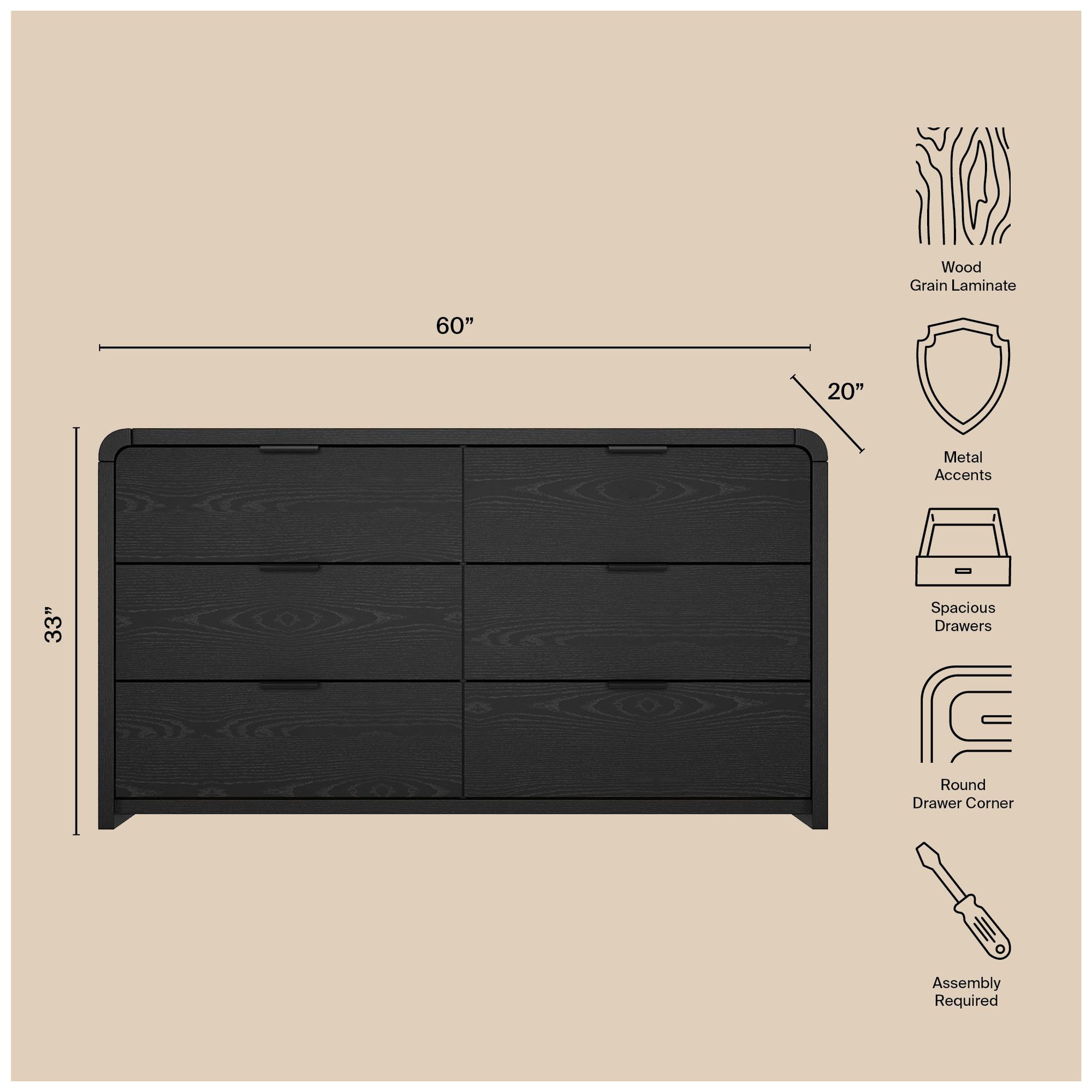 Grace Modern 3-Piece Dresser and Nightstand in Black
