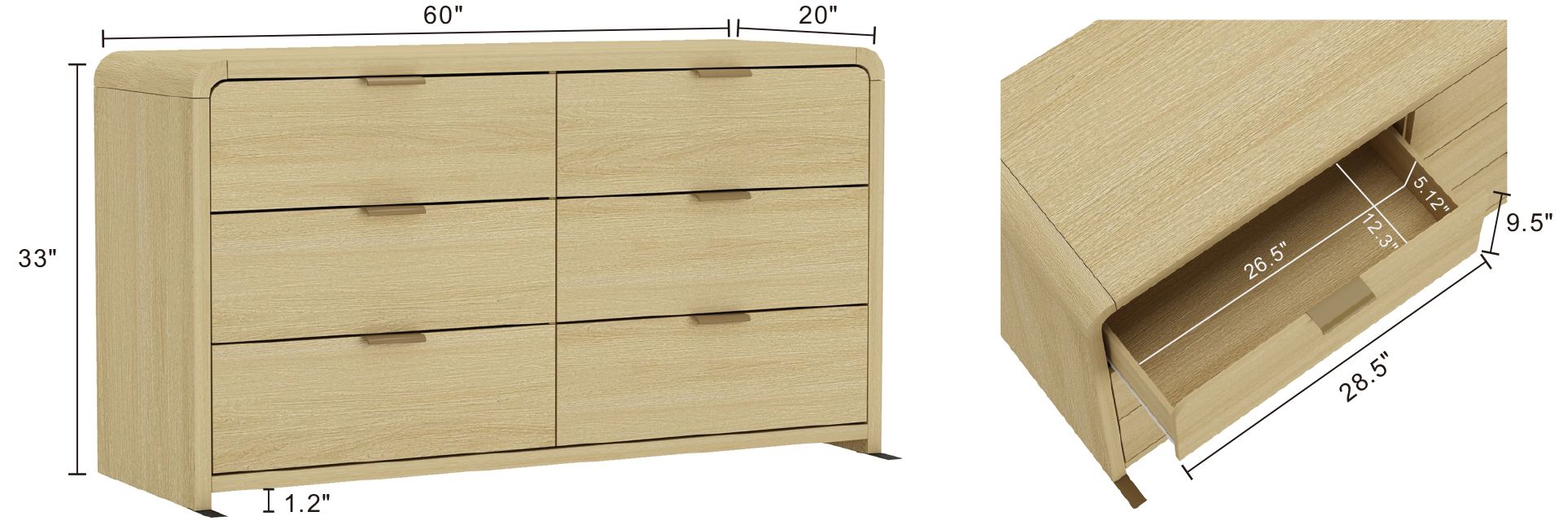 Image 5 Grace Modern 3-Piece Dresser and Nightstand in Natural Oak and Gold more views