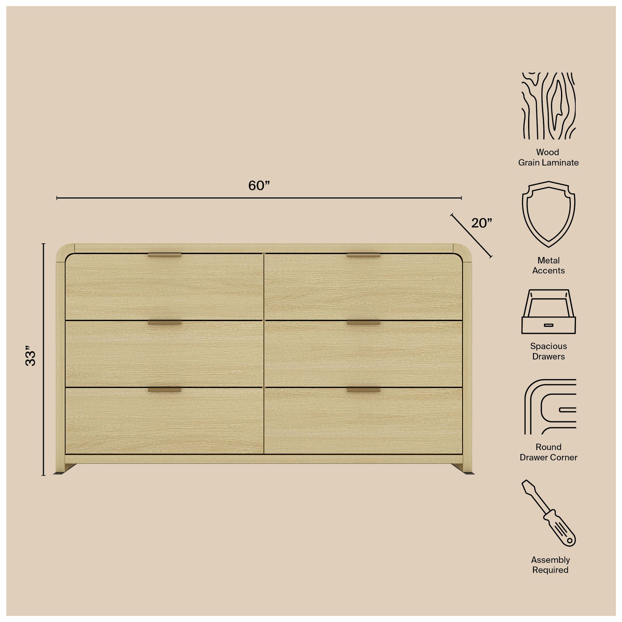 Grace Modern 3-Piece Dresser and Nightstand in Natural Oak and Gold