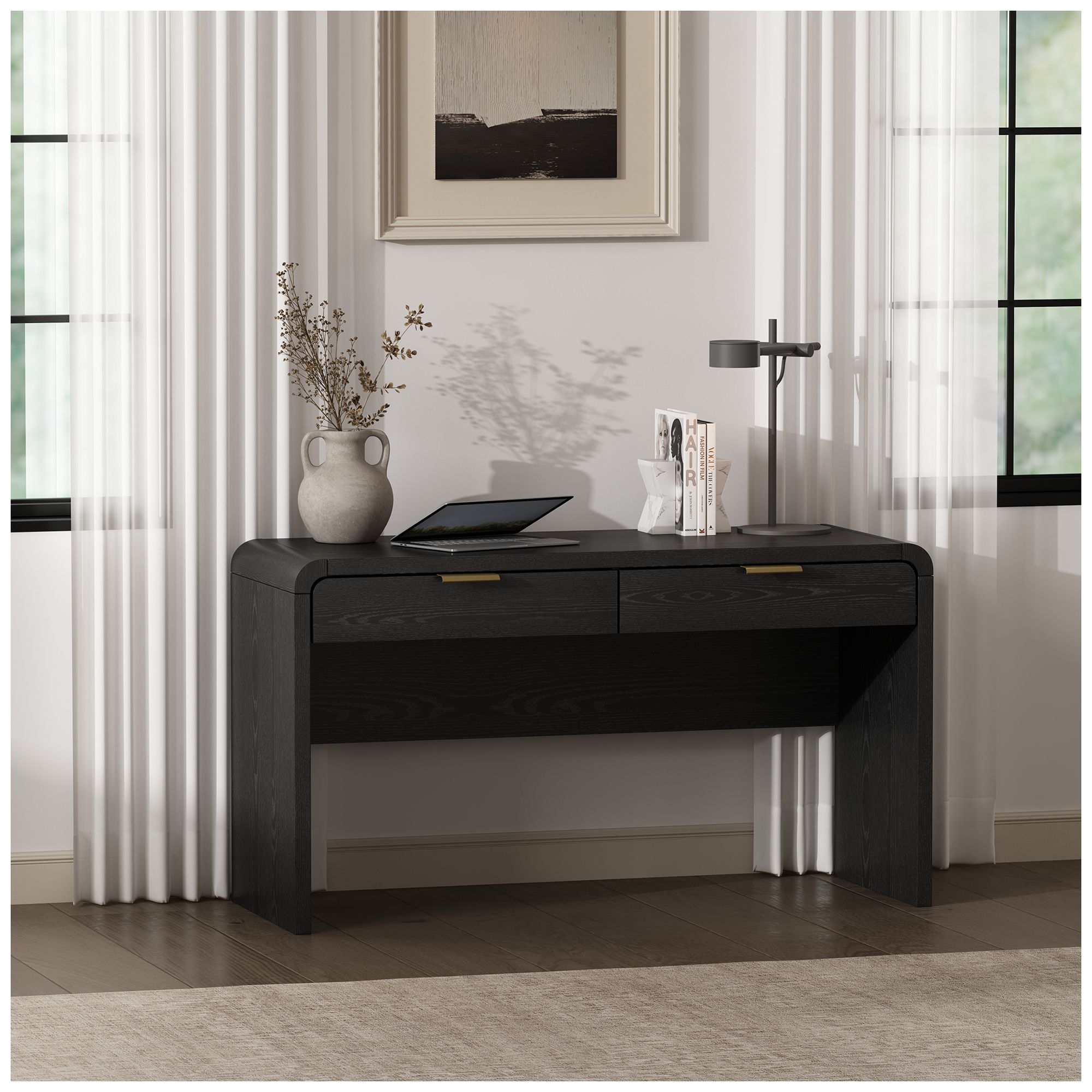 Image 3 Grace Modern 54" Office Desk in Black and Gold (2-Drawer) more views