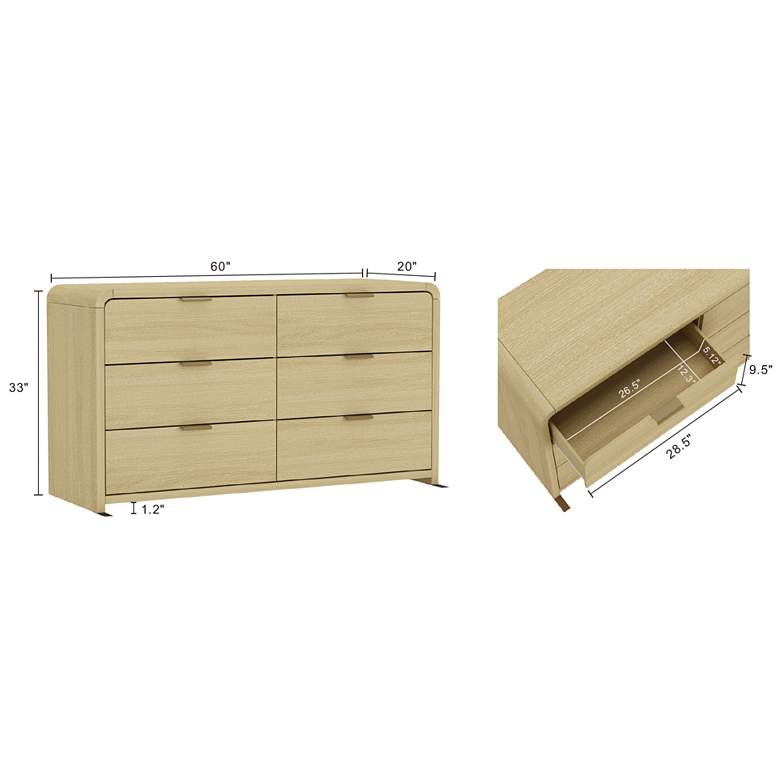 Image 3 Grace Modern 60 Double Dresser with 6 Drawers in Natural Oak and Gold more views