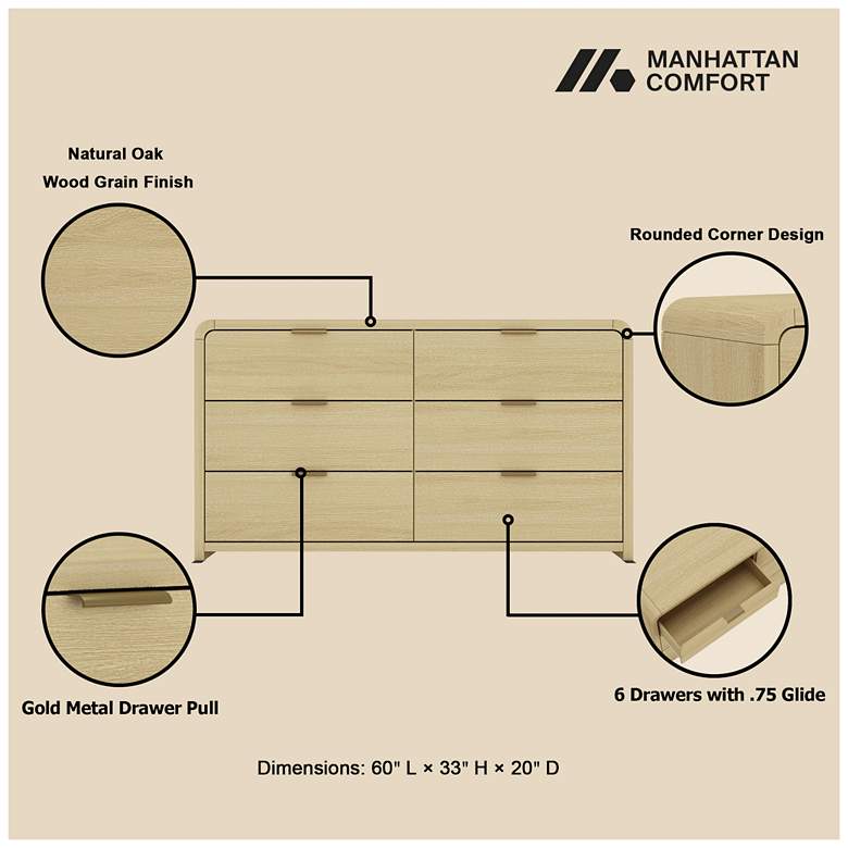 Image 4 Grace Modern 60 Double Dresser with 6 Drawers in Natural Oak and Gold more views