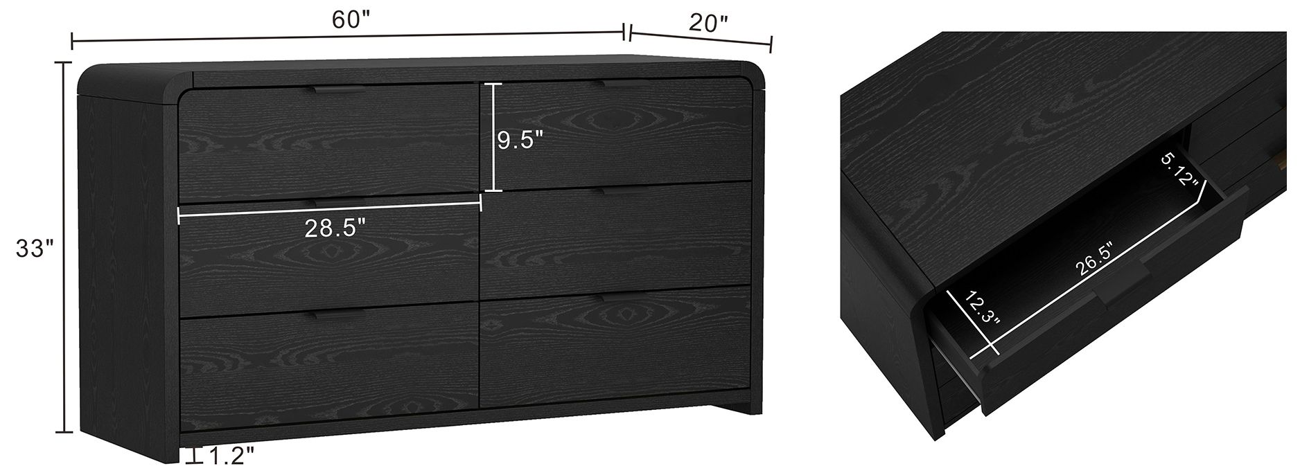 Image 4 Grace Modern 60" Dresser in Black (6-Drawer) more views