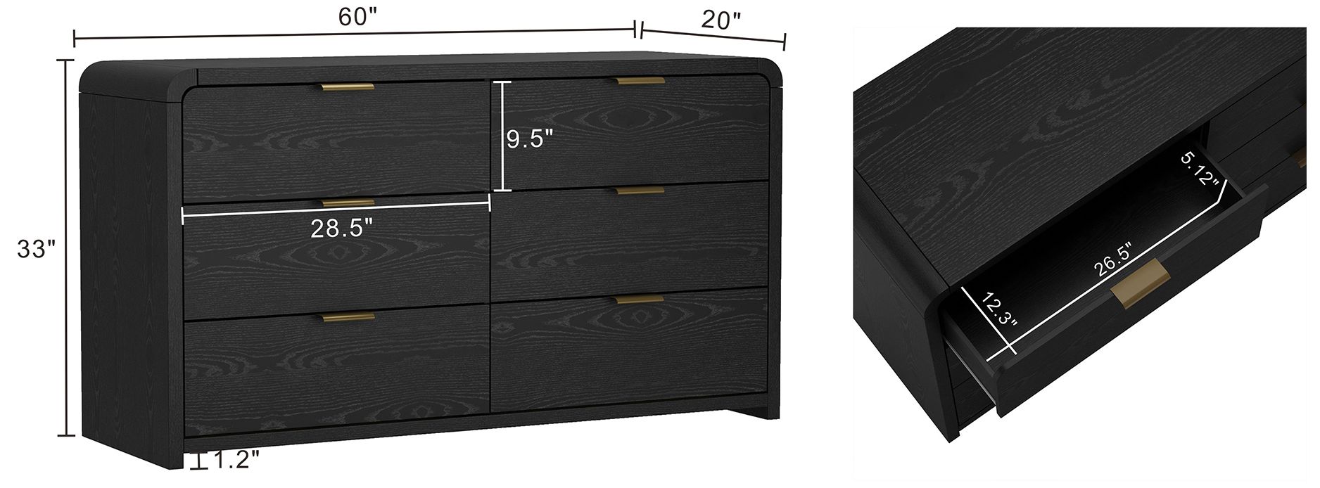 Image 4 Grace Modern 60" Dresser in Black (6-Drawer) more views