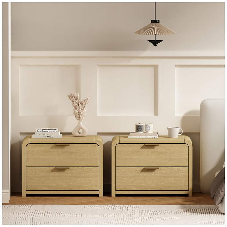 Image 1 Grace Modern Nightstand with 4 Drawers in Natural Oak and Gold - Set of 2