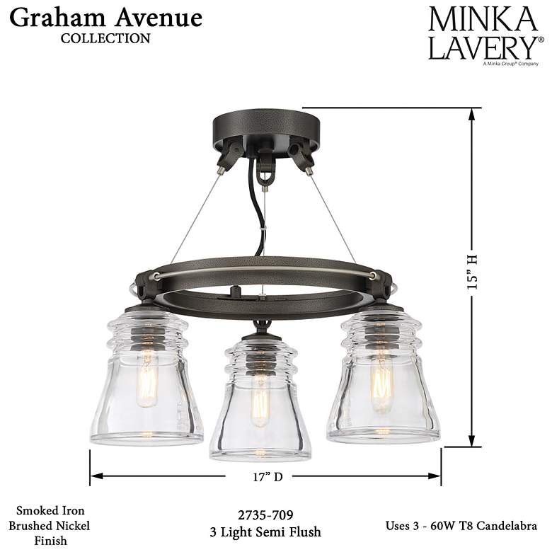 Image 7 Graham Avenue 17" Wide Smoked Iron 3-Light Ceiling Light more views