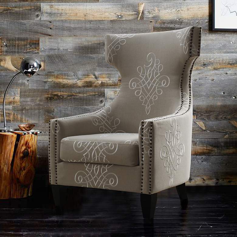 Image 1 Gramercy Beige Embroidered Linen Wing Accent Chair