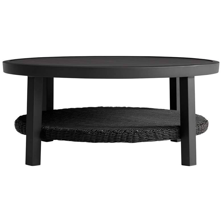 Image 1 Grand Black Aluminum Outdoor Round Conversation Table with Wicker Shelf