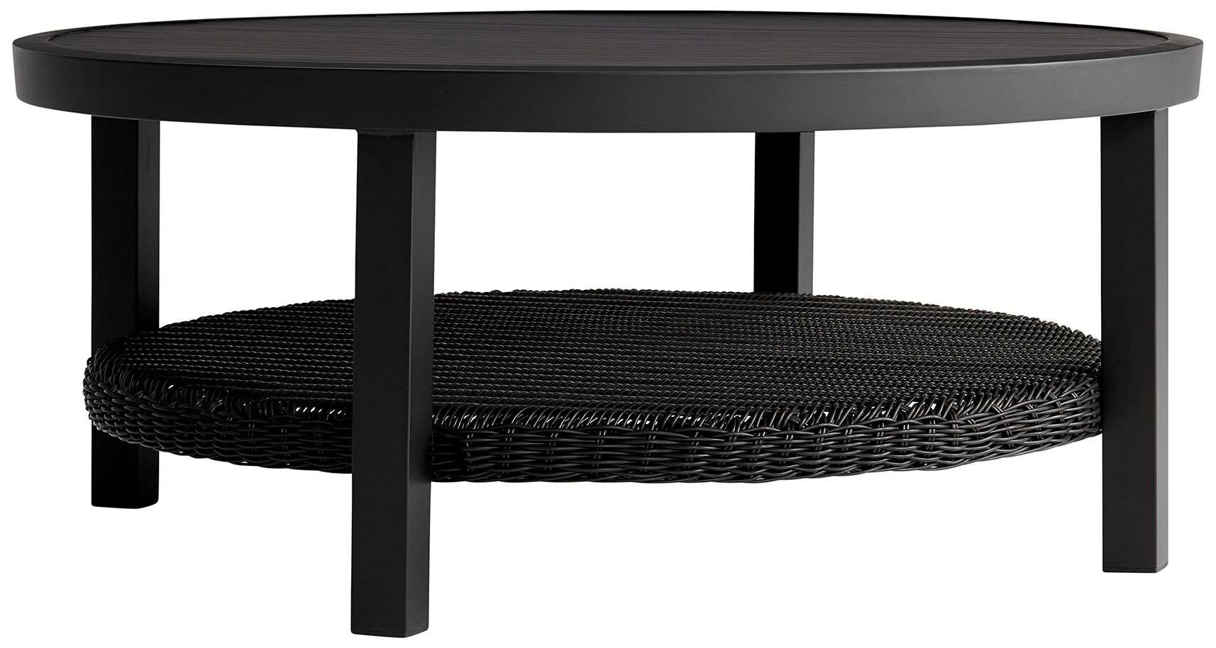 Image 2 Grand Black Aluminum Outdoor Round Conversation Table with Wicker Shelf more views