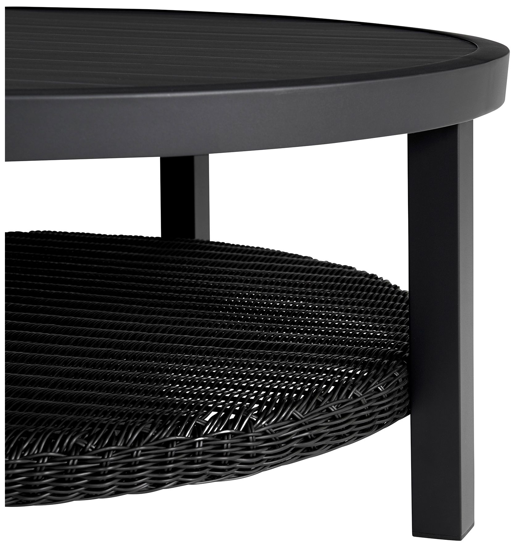 Image 5 Grand Black Aluminum Outdoor Round Conversation Table with Wicker Shelf more views