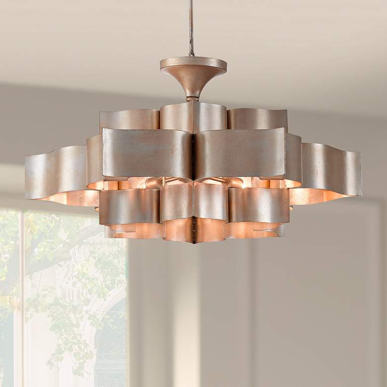 Image 1 Grand Lotus 30"W Contemporary Silver Leaf 6-Light Chandelier
