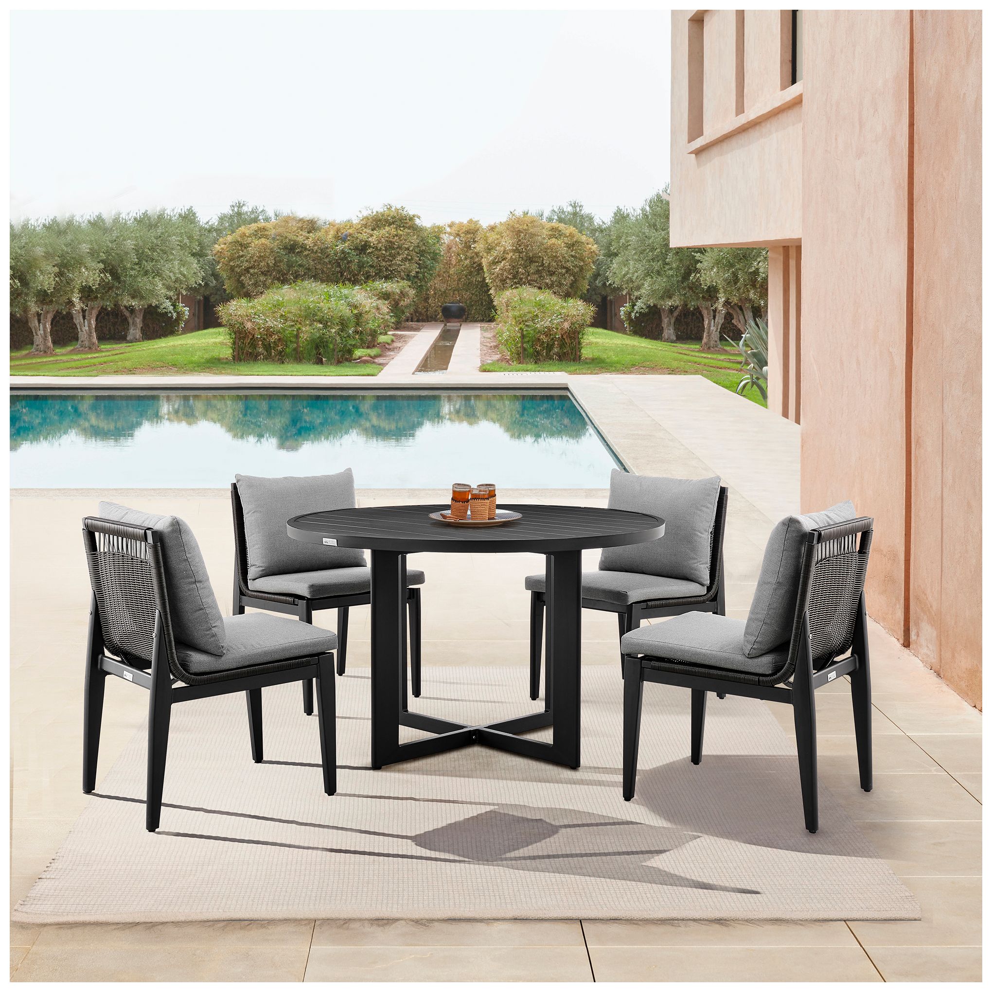 Grand Outdoor 5-Piece Round Dining Table Set in Aluminum with Grey Cushions