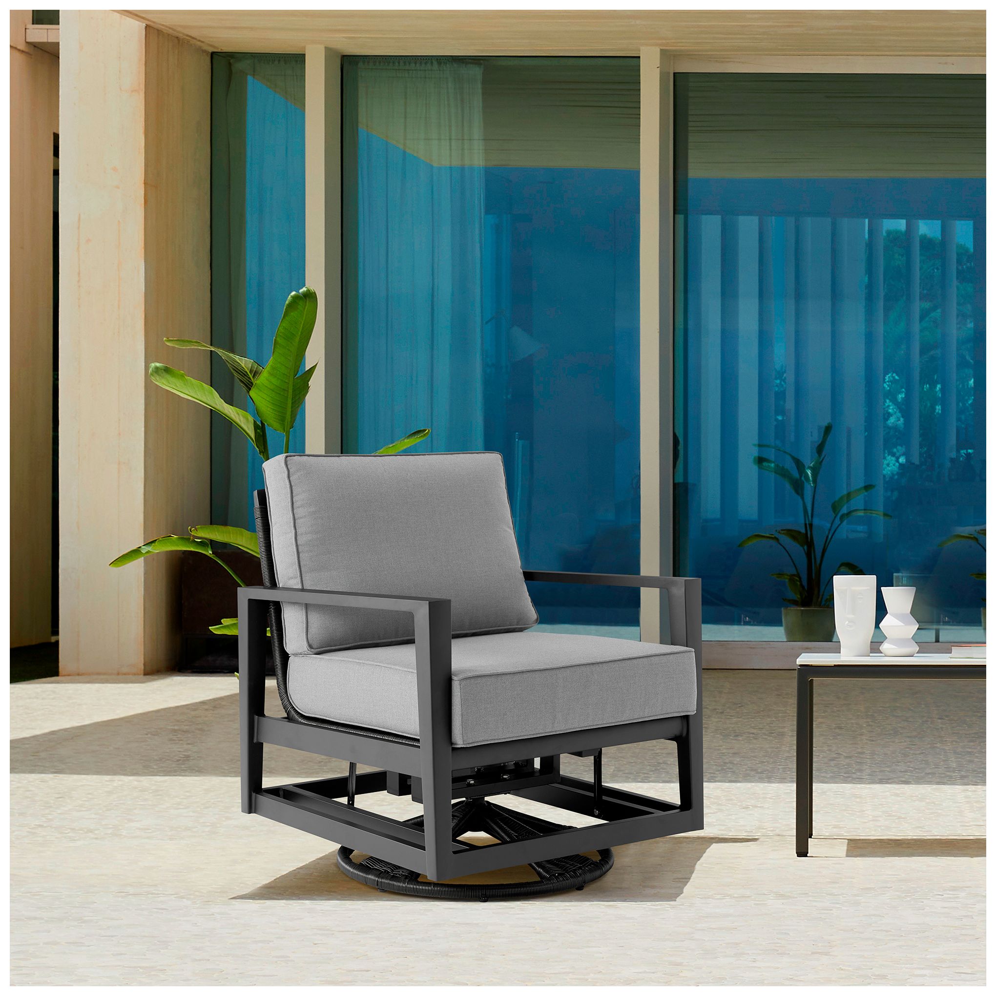 Grand Outdoor Swivel Glider Chair in Black Aluminum with Dark Gray Cushions