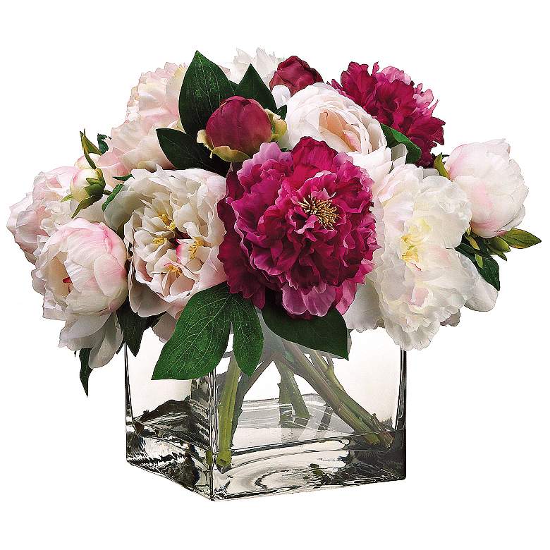 Image 1 Grand Peony and Pink Rose 15 inchW Faux Flowers in Glass Vase