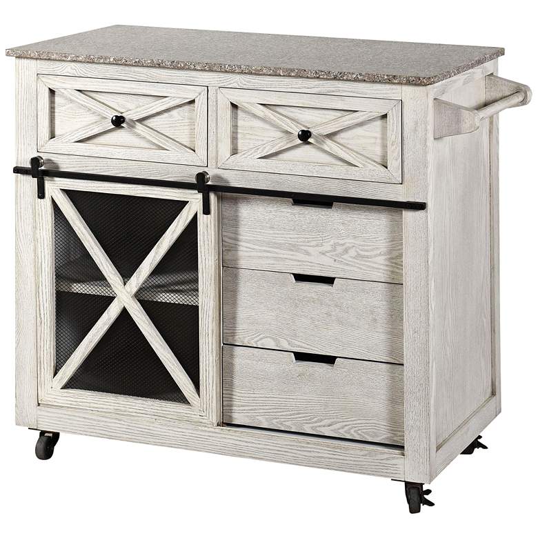 Image 1 Granite Top 40" Wide White Wash Kitchen Island Cart or Bar Cart