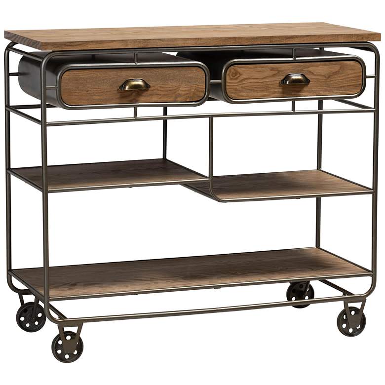 Image 2 Grant 41 3/4"W Oak Brown Wood Black 2-Drawer Bar or Kitchen Cart