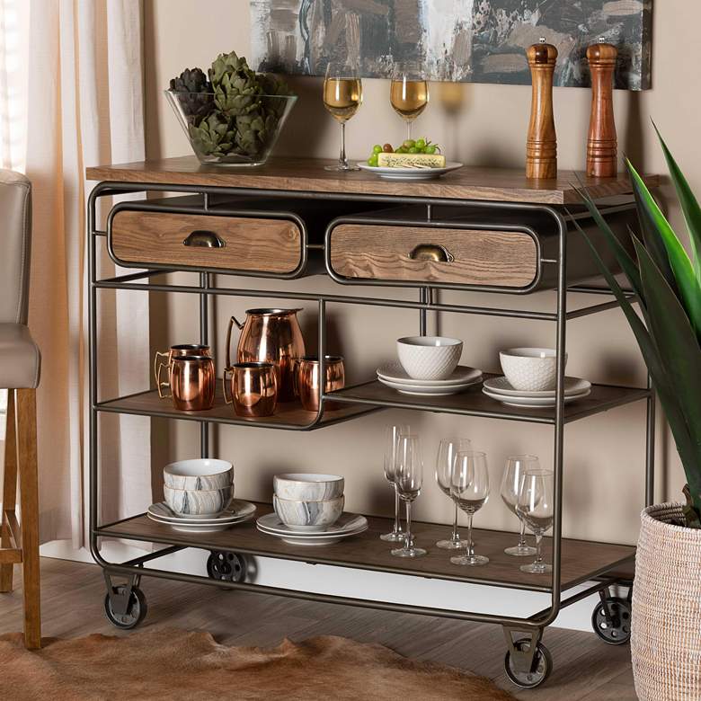 Image 1 Grant 41 3/4"W Oak Brown Wood Black 2-Drawer Bar or Kitchen Cart