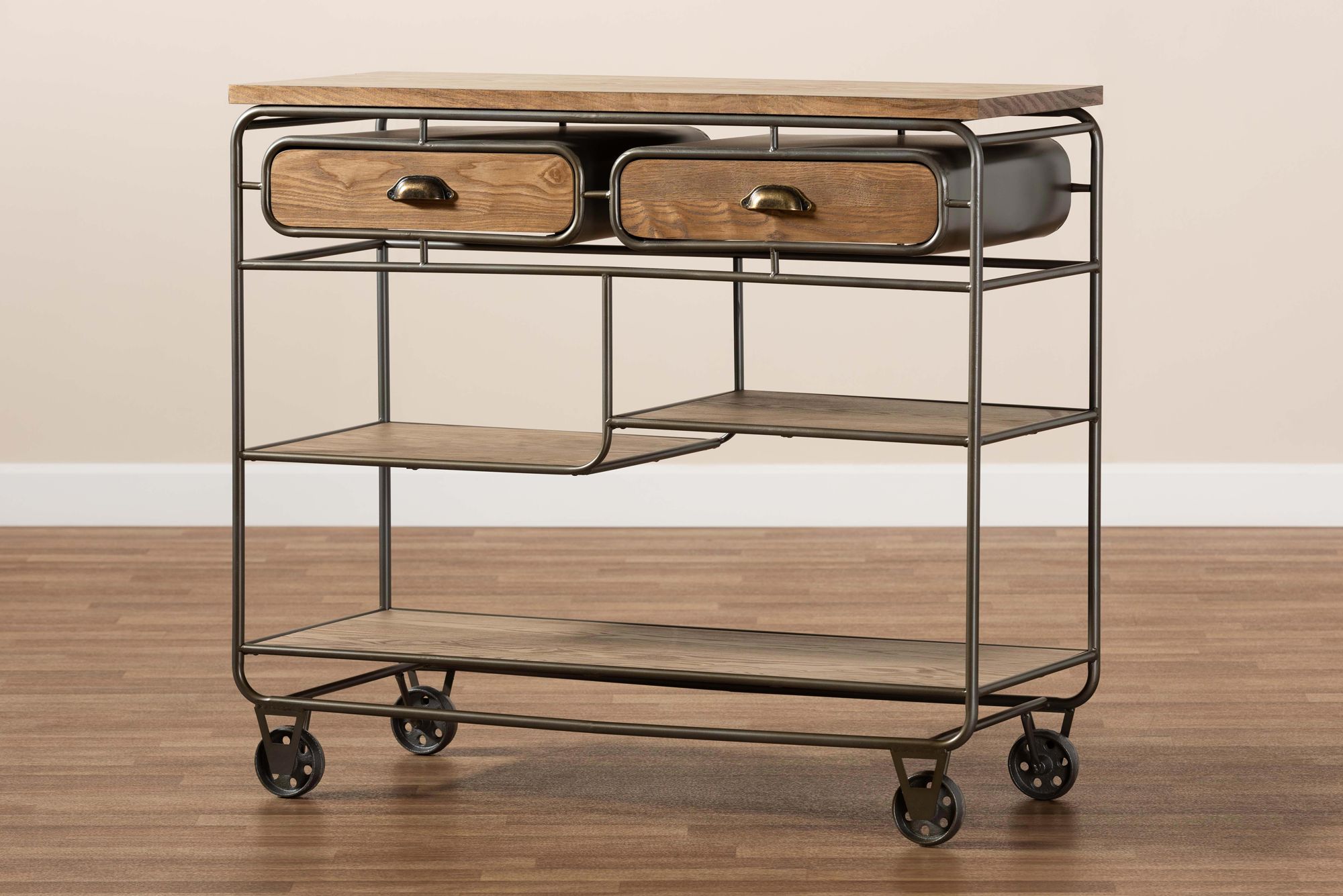 Grant 41 3/4"W Oak Brown Wood Black 2-Drawer Bar or Kitchen Cart