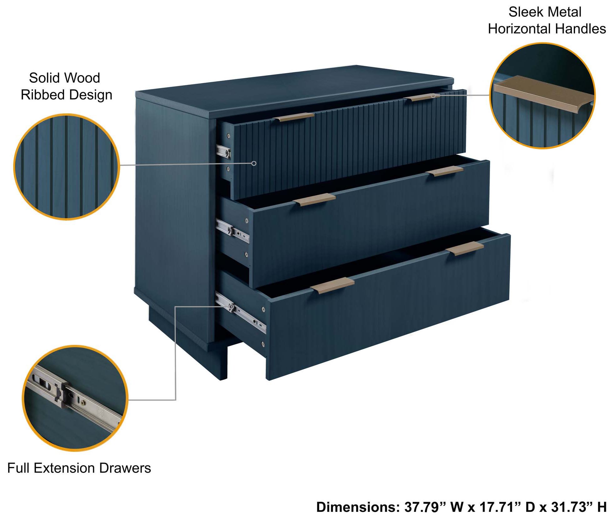 Image 5 Granville 37 3/4" Wide Midnight Blue 3-Drawer Dresser more views
