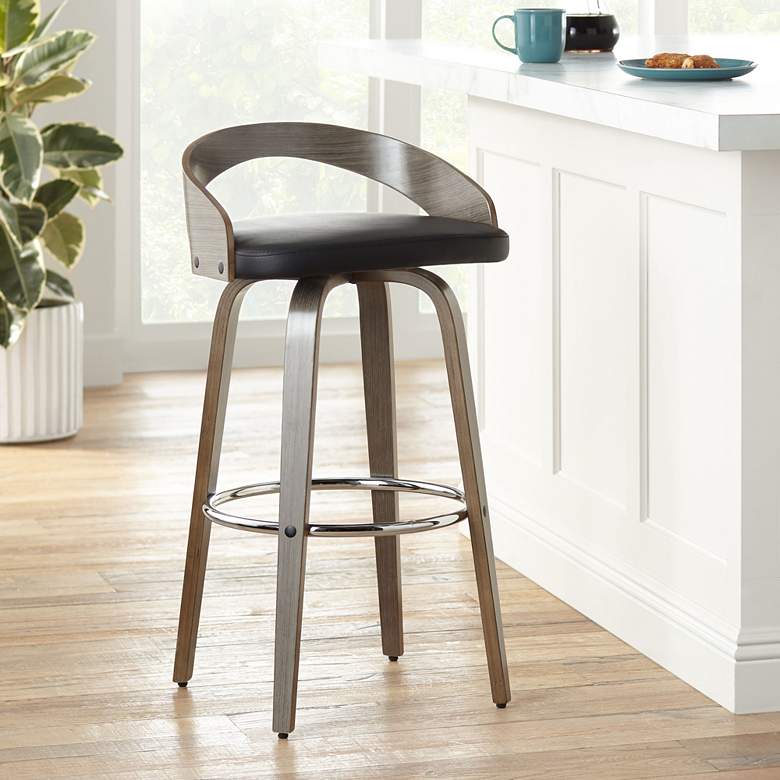 Image 1 Gratto 29 1/4" Black Faux Leather Gray Wood Swivel Bar Stool
