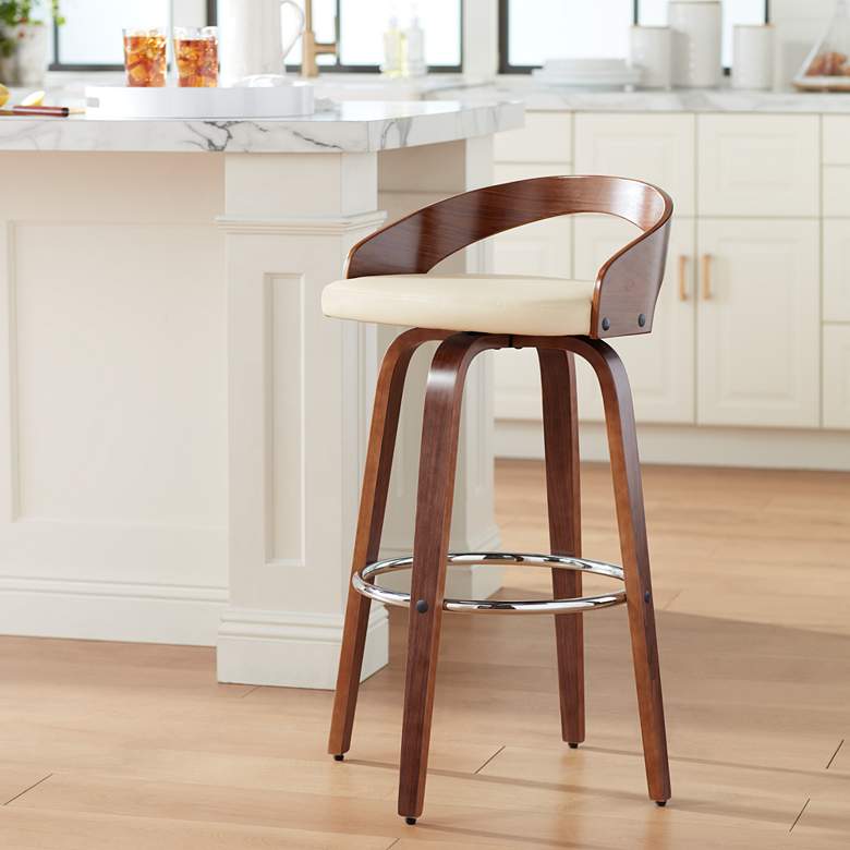 Image 1 Gratto 29 1/4" Cream Faux Leather Walnut Swivel Bar Stool
