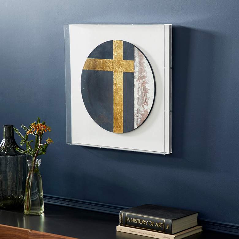 Image 1 Gray and Gold Cross 23 3/4 inch Square Shadow Box Wall Art